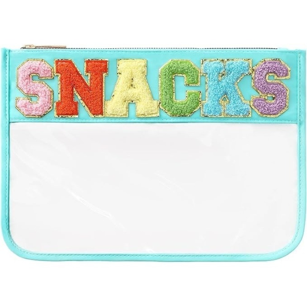 Clear Snacks Pouch Glitter Chenille Lettering Waterproof Travel Bag Teal